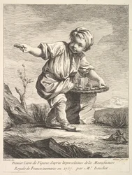 Frontispiz mit kleinem Jungen, der einen Korb hält, aus Premier Livre de Figures daprès les po..., 1757