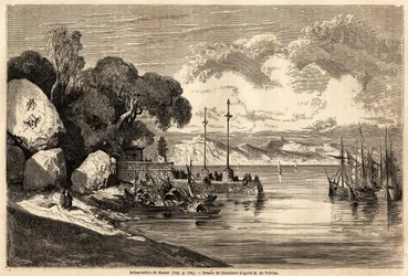 Der Barcadere von Macau, Zeichnung von Grandsire zur Illustration der Reise nach China und Japan in den Jahren 1857-1858 von M. de Moge. Gravur in „Le tour du monde, nouveau journal des voyages“ Paris