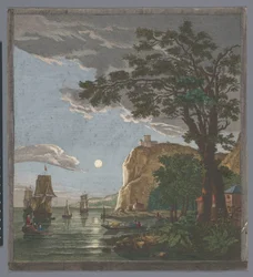 Ansicht einer Küste mit Schiffen und Booten auf dem Wasser bei Mondlicht