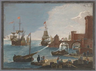 Ansicht eines Seehafens mit Schiffen und Booten auf dem Wasser