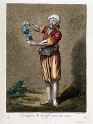 Kaffeehändler auf den Straßen, „Sammlung von 100 Drucken, die verschiedene Nationen des Levante 1707 und 1708 darstellen“ im Auftrag von M. de Frriol, Botschafter des Königs am Hof und aktualisiert 1712-13 durch die Pflege von M. Le Hay, Basan-Graveur, Par