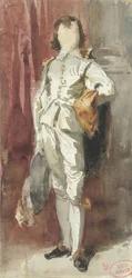 Stehender Junge im Van Dyck-Kostüm, vor einem roten Vorhang