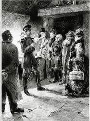 Ein deutscher Offizier fordert Boulle de suif im Austausch für die Freiheit aller verhafteten Passagiere in der Kutsche. In „Boule de suif“ von Guy de Maupassant (1850-1893). Illustration von P. G. Jeanniot (1848-1934). Veröffentlicht bei Ollendorff