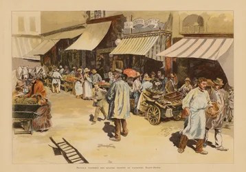 Die Markthändler der vier Jahreszeiten auf der Rue du Faubourg Saint-Denis, Paris