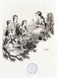 Junge Haushälterin erzählt einer Gruppe von Kindern eine Geschichte - in „Le magasin des enfants“ von Mme Leprince de Beaumont, ill. Staal, Garnier