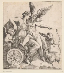 Venus und Amor in einem Triumphwagen, umgeben von Putti