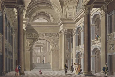 Vorhalle des Palais Academique in Gent, aus Choix des Monuments, Edifices et Maisons les plus remarquables du Royaume des Pays-Bas von Pierre Jacques Goetghebuer, graviert von L. Roelandt