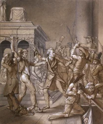 Alexandre Lenoir widersetzt sich den Revolutionären, als sie das Grab des französischen Königs Ludwig XII. in der königlichen Basilika Saint Denis 1793 zerstören wollen, zur Zeit der Französischen Revolution