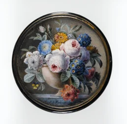 Schildpatt-Box mit einer Miniatur von Blumen in einer Steinvase auf einer Marmortafel, 1827