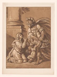 Drohend Soldat mit flehender Frau und Kind