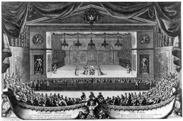 Dritter Tag: Der eingebildete Kranke (von Molière), Komödie, dargestellt im Garten von Versailles vor der Grotte im Jahr 1676, Gravur von Pierre Lepautre (1660-1744)