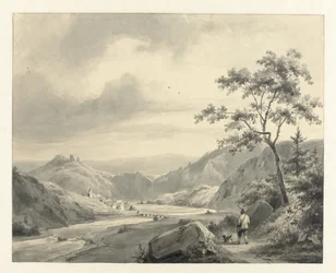 Hügellandschaft mit Jäger und Hund auf dem Weg
