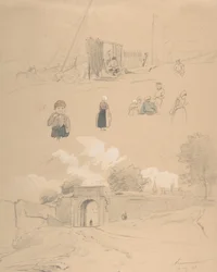 Studienblatt mit Figuren und Landschaften bei Arnemuiden in der Nähe von Middelburg..., Mitte des 19. Jahrhunderts