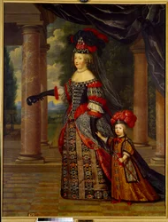 Porträt von Marie Therese von Österreich, Königin von Frankreich (1638 - 1683) und dem Großen Delfin. Gemälde von Pierre Mignard (1612-1695)