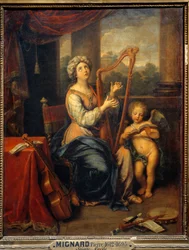 Die heilige Cäcilia singt das Lob des Herrn. Die Heilige spielt Harfe und ist von Instrumenten umgeben. Gemälde von Pierre Mignard (1612-1695) 1691