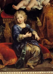 Die Familie Ludwigs von Frankreich (1661-1711), Sohn Ludwigs XIV. (1638-1715), bekannt als der „Grand Dauphin“, im Jahr 1687. Er ist mit seiner Frau Marie Anne Christine von Bayern und ihren Kindern Louis, Philippe (dem späteren Philipp V. von Spanien)
