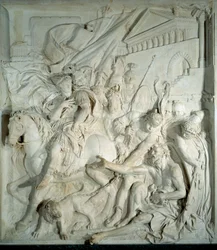Alexander der Große trifft den griechischen Philosophen Diogenes den Zyniker in seinem Fass. Basrelief aus Marmor von Pierre Puget (1620-1694) 1693. Aus dem Salle des cent Suisse (Louvre). Paris, Louvre Museum