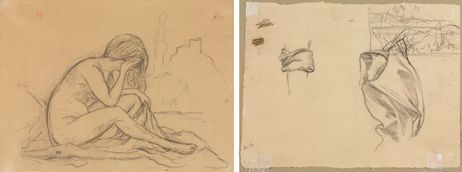 Studie eines weiblichen Aktes (möglicherweise für ein nicht realisiertes allegorisches Gemälde) (recto); Studien von Draperien und Studie einer Landschaft (verso)