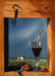 Weinglas vor einem Schloss; Verre de vin devant un chateau