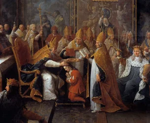 Die Krönung von Ludwig XV. König Ludwig XV. (1710-1774) wurde am 25.10.1722 in der Kathedrale von Reims vom Erzbischof von Reims in Anwesenheit des Regenten, des Herzogs von Orléans (1674-1723) und einer großen Menge gekrönt und gesalbt. (Detail)
