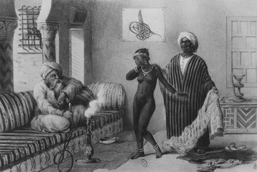 Ein junges Mädchen aus Timbuktu wird 1854 von einem Sklavenmeister in Tripolis angeboten, aus "Voyages au Soudan et dans L