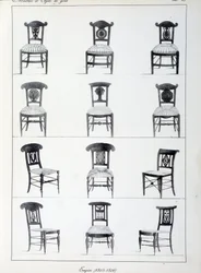 Verschiedene Modelle von Premier Empire Stühlen (1805-1806). Platte aus der Sammlung „Collection de meubles et objets de taste“ von Pierre de la Mesangere (1761-1831). Paris. Dekorative Kunst