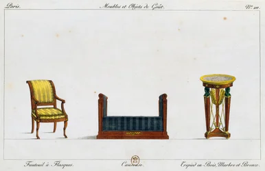 Armlehnsessel, Loveseat und Dreibeintisch, Tafel 211, Illustration aus Collection de meubles et objects de gout