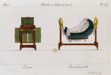 Paravent und Wiege, Tafel 589, Illustration aus Collection de meubles et objects de gout