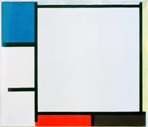 Komposition mit Blau, Gelb, Rot, Schwarz und Grau