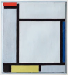Komposition mit Rot, Blau, Schwarz, Gelb und Grau