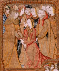 Flandrischer Wandteppich. Serie Triumphe der Mutter oder Paños de Oro. Gott sendet den Erzengel Gabriel. Erster Wandteppich in der Serie. Modell Colin de Cooter(?). Herstellung Pieter van Aelst (oder van Edingen), Brüssel. Ca. 1500-1502.