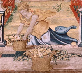Flämischer Wandteppich. Serie Vertumnus und Pomona. Vertumnus verwandelt in einen Bauern. Zentraler Teil des unteren Randes zeigt eine Episode über die Liebschaften des Jupiter: Danaë. Zweiter Wandteppich der Serie. Modell Kreis von Pieter Coecke van Aelst