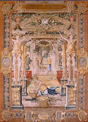 Flämischer Wandteppich. Serie Vertumnus und Pomona. Vertumnus verwandelt in einen Bauern. Modell Kreis von Pieter Coecke van Aelst.