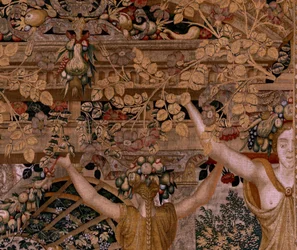 Flämischer Wandteppich. Serie Vertumnus und Pomona. Vertumnus verwandelt sich in einen Bauern. Zweiter Wandteppich der Serie. Rechter Teil die Verwandlung der Nymphe Myrrha. Modell Kreis von Pieter Coecke van Aelst. Herstellung Wilhelm Pannemaker, Brüssel.