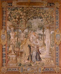 Flämischer Wandteppich. Serie Vertumnus und Pomona. Vertumnus küsst Pomona. Siebter Wandteppich der Serie. Modell Kreis von Pieter Coecke van Aelst. Herstellung Wilhelm Pannemaker, Brüssel. Ca. 1545-1550
