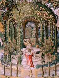 Flämischer Wandteppich. Serie Vertumnus und Pomona; Vertumnus verwandelt sich in einen Gärtner. Fünfter Wandteppich in der Serie. Modell Kreis von Pieter Coecke Van Aelst und Léonard Thiry. Herstellung Unbekannte Werkstatt, Brüssel, vor 1560.