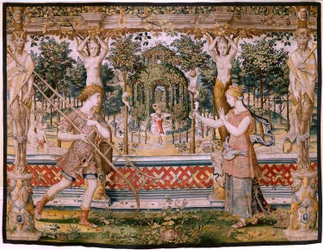 Vertumnus und Pomona; Vertumnus verwandelt sich in einen Gärtner. Fünfter Wandteppich der Serie.