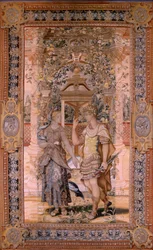 Flämischer Wandteppich. Serie Vertumnus und Pomona. Vertumnus verwandelt sich in einen Krieger. Vierter Wandteppich in der Serie. Modell Kreis von Pieter Coecke van Aelst. Herstellung Wilhelm Pannemaker, Brüssel. Ca 1545-1550. Stoff Gold, Silber, Seide und