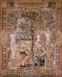 Flämischer Wandteppich. Serie Vertumnus und Pomona. Vertumnus verwandelt in eine alte Frau. Modell Kreis von Pieter Coecke van Aelst. Ca. 1545-1550.