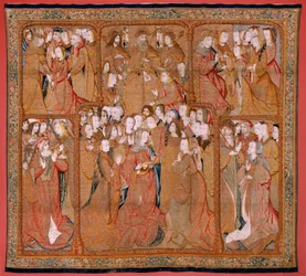 Triumphe der Mutter oder Paños de Oro. Gott sendet den Erzengel Gabriel. Erster Wandteppich der Serie.