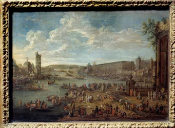 Ansicht des Louvre und des Turms von Nesles von der Île de la Cité in Paris