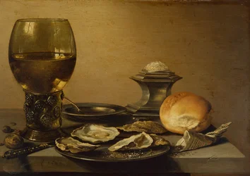 Frühstücksstillleben mit Austern, Salz, Brot und Nüssen