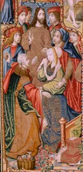 Flämischer Wandteppich. Serie Episoden aus dem Leben der Jungfrau Maria. Die Prophezeiungen erfüllen sich bei der Geburt Christi. Erster Wandteppich der Serie. Modelle zugeschrieben Jan von Roome (oder van Brussel).