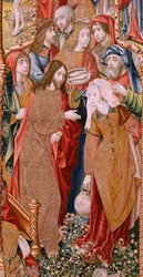 Flämischer Wandteppich. Serie Episoden aus dem Leben der Jungfrau Maria. Die Prophezeiungen erfüllen sich bei der Geburt Christi. Erster Wandteppich der Serie. Modelle zugeschrieben Jan von Roome (oder van Brussel).