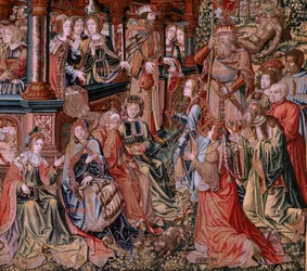 Flämischer Wandteppich. Serie Die Ehren. Tugend. Achter Wandteppich in der Serie. Modellzeichner aus dem Kreis von Bernard van Orley und Jan Gossaert (Mabuse). Herstellung Pieter van Aelst, Brüssel. Ca. 1550. Stoff Gold, Silber, Seide und Wolle