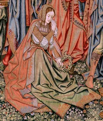 Flämischer Wandteppich. Serie Die Passion Christi. Die Kreuzabnahme. Zweite Wandteppichserie der Passion Christi, die zum Patrimonio Nacional gehört. Modell Zeichner aus dem Kreis von Jan van Roome. Herstellung Pieter van Aelst