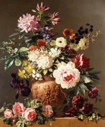 Stillleben mit Sommerblumen. Rosen, Pfingstrosen, Anemonen, Iris. Gemälde von Georgius Jacobus Johannes Os (1782-1861) Private Sammlung.