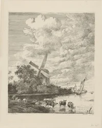 Flusslandschaft mit Mühle und Kühen im Wasser