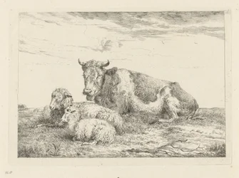 Schlafende Kuh mit Schaf und Lamm