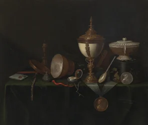 Stillleben mit Straußeneibecher und den Whitfield-Erbstücken, ca. 1670